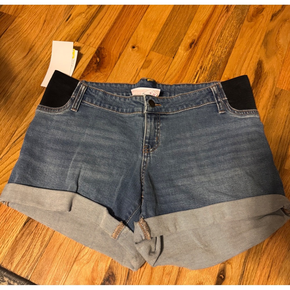Isabel by Ingrid & Isabel Maternity Midi Shorts Blue Denim Side Panel Size 6 NWT